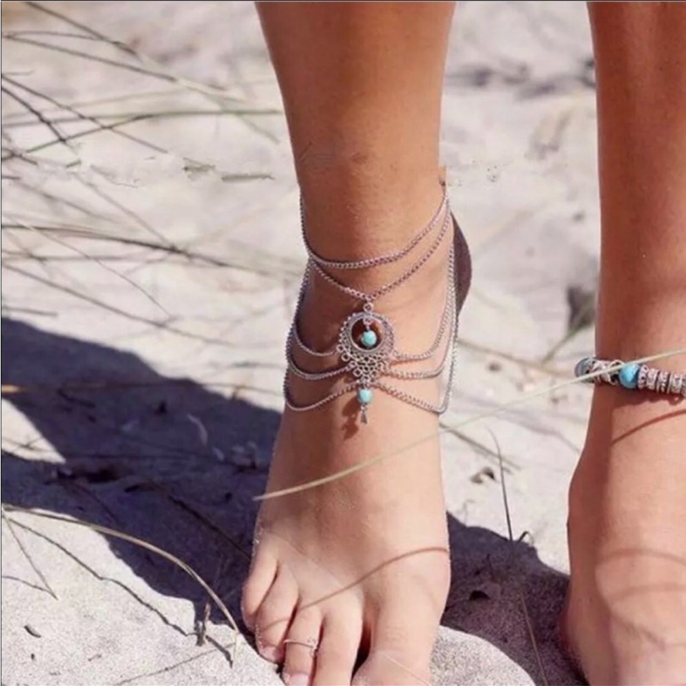NWT•ATELIER JAI•TURQUOISE & SILVER BOHO CHIC ANKLE BRACELET /ARM WRAP•NEW - Picture 3 of 11